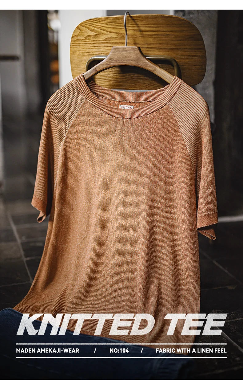 Maden New Vintage Orange Knitted Short Sleeve T-Shirt for Men – Summer Loose Fit Ribbed Crew Neck Tee, Breathable Casual Streetwear
