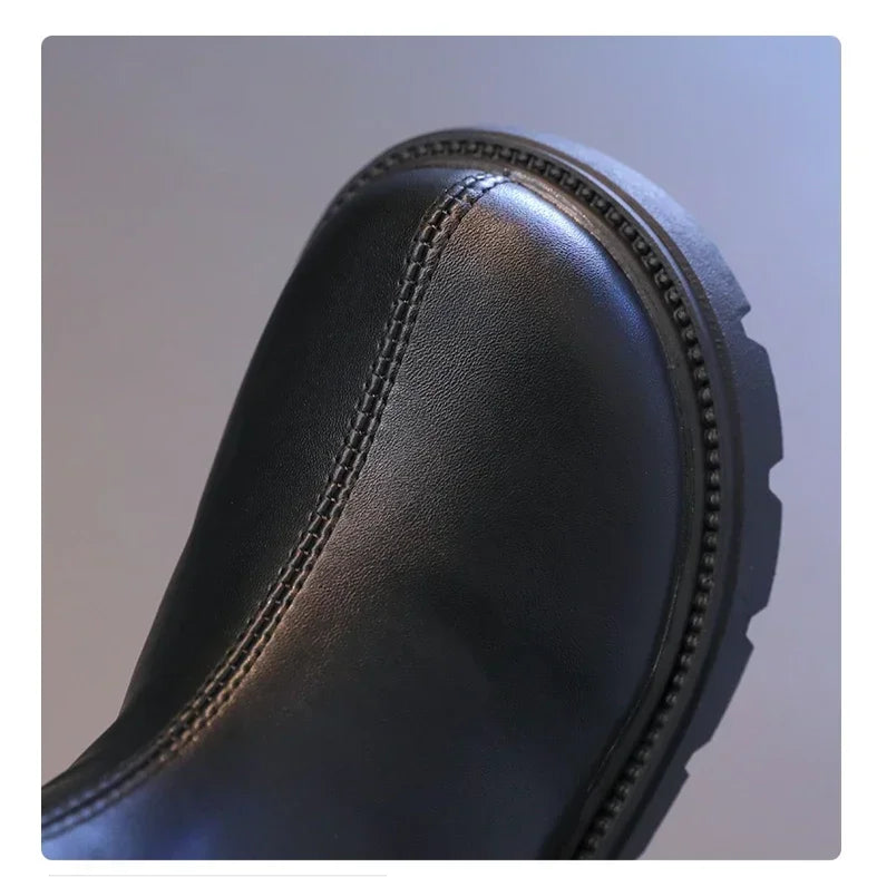27-37 Girl's Long Boots Black Pu Leather Bowtie Chunky Fashion Children Winter Boot Warm Bowknot Round Toe Knee-high Kids Shoes