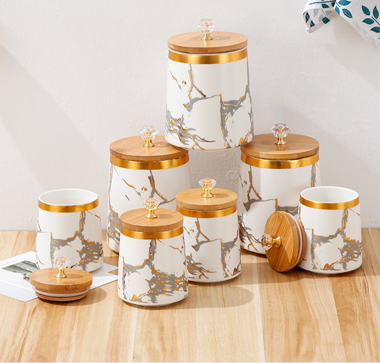 7 Piece Set Ceramic Storage Jar Airtight with Wooden Lid Storage Tank Food Storage Box Tea Caddy Spice Jars Kitchen Storage