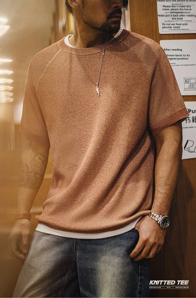 Maden New Vintage Orange Knitted Short Sleeve T-Shirt for Men – Summer Loose Fit Ribbed Crew Neck Tee, Breathable Casual Streetwear