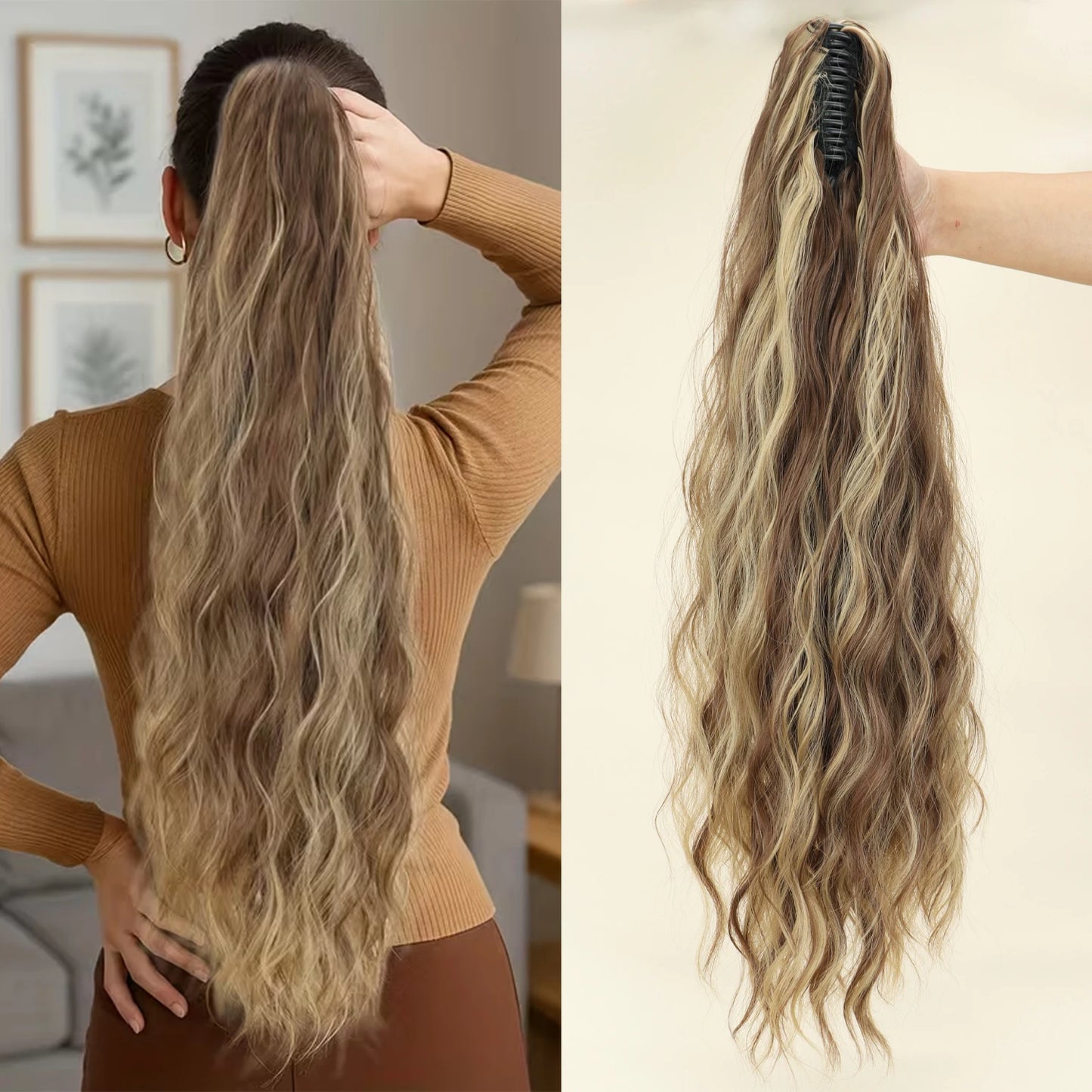 Heat-Resistant Synthetic Water Wave Claw Clip Ponytail – Fluffy Messy Hair Extension for Women (Black & Blonde)