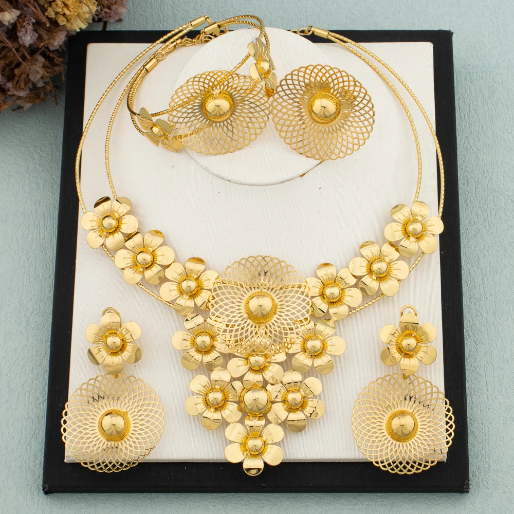 Woman Jewelry Set Dubai Gold Plated Earrings Necklace Rings Gift