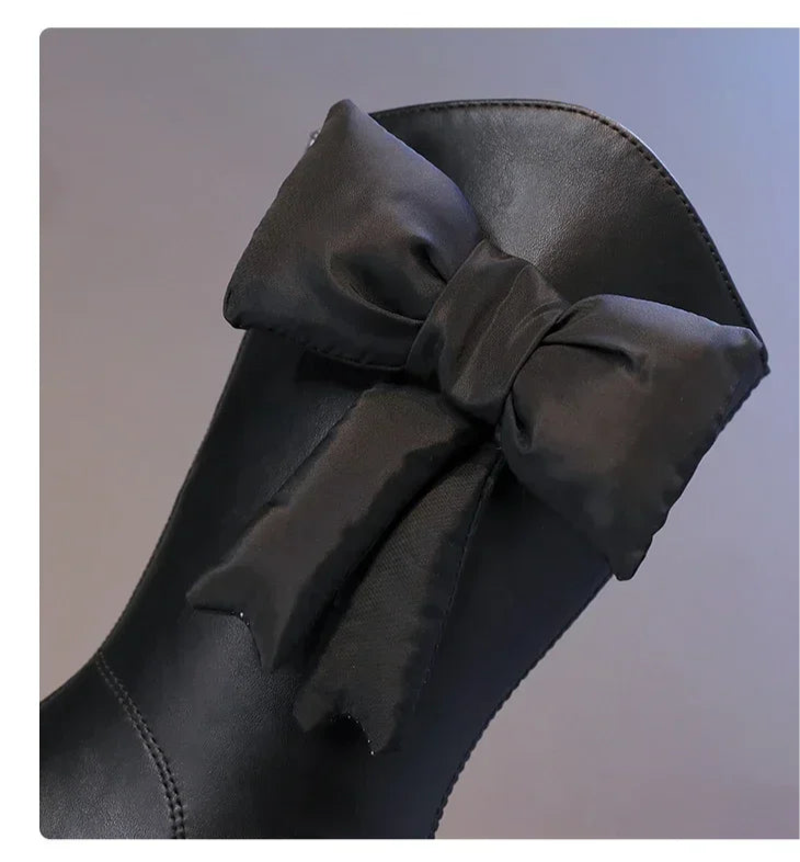 27-37 Girl's Long Boots Black Pu Leather Bowtie Chunky Fashion Children Winter Boot Warm Bowknot Round Toe Knee-high Kids Shoes
