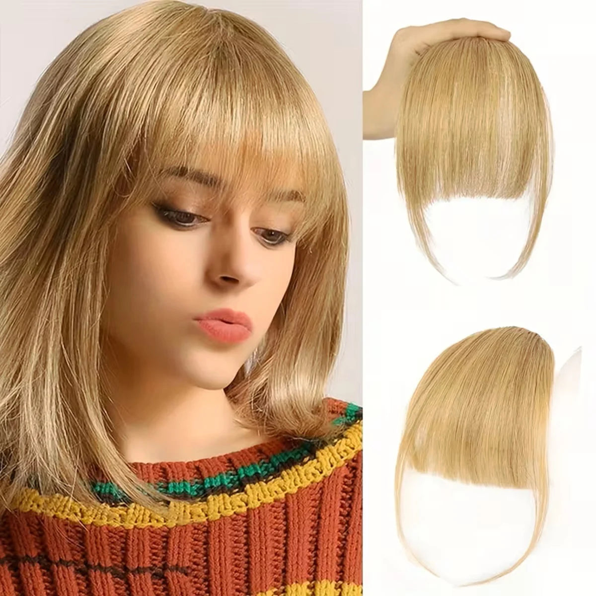 Human Hair Wispy Clip-In French Bangs with Temples, Curved Fringe Hairpiece for Quick Style Change