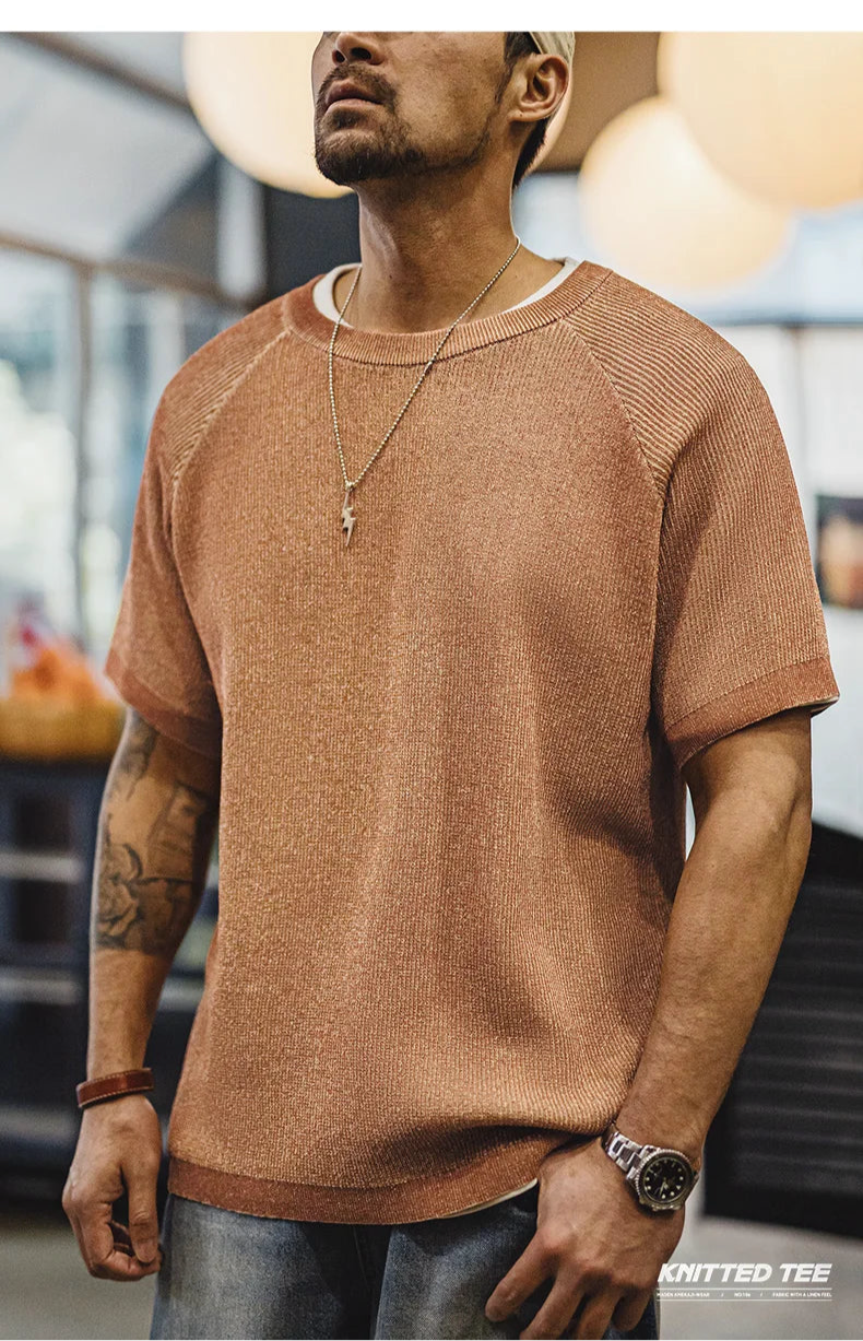 Maden New Vintage Orange Knitted Short Sleeve T-Shirt for Men – Summer Loose Fit Ribbed Crew Neck Tee, Breathable Casual Streetwear