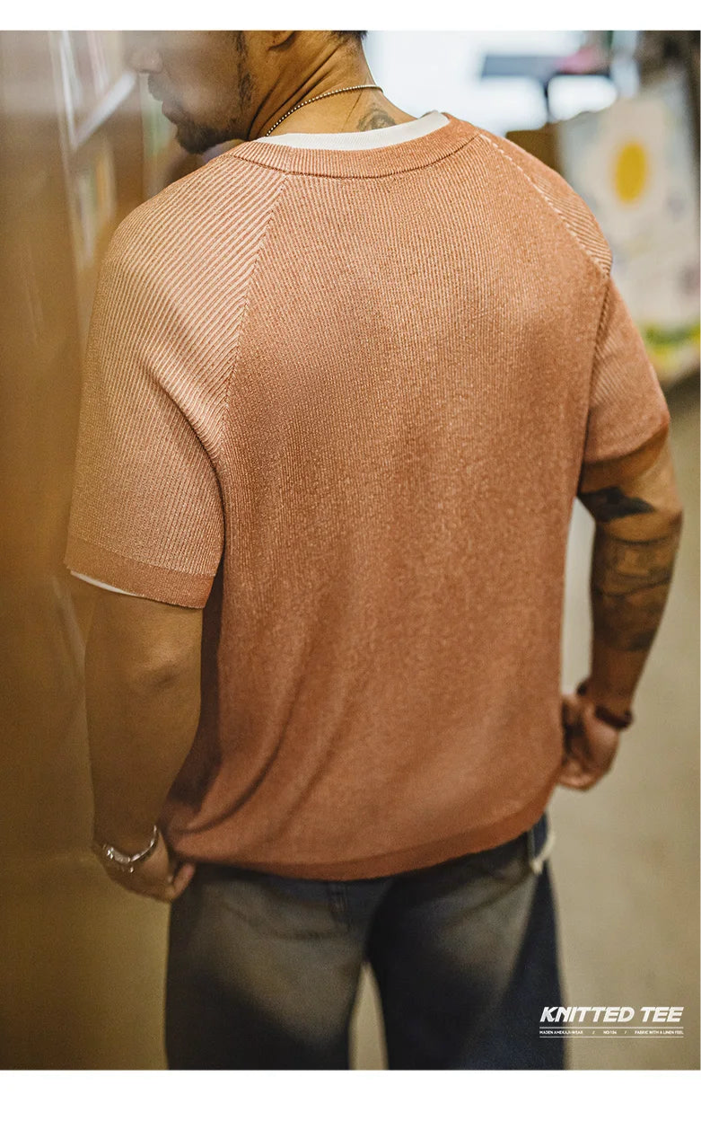 Maden New Vintage Orange Knitted Short Sleeve T-Shirt for Men – Summer Loose Fit Ribbed Crew Neck Tee, Breathable Casual Streetwear
