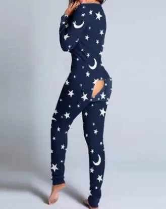 Women’s Christmas Button-Front Pajama Jumpsuit with Back Flap Holiday One-Piece Loungewear