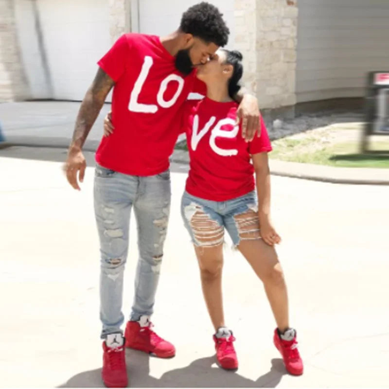 Couple Matching T-shirts His- and- hers Top Casual Red LO VE Women Men Fashion Boyfriend Girlfriend Tees Lovers T-shirt Femme