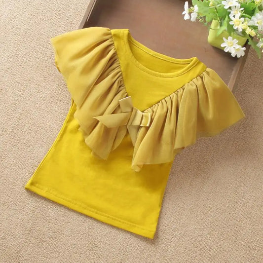 Summer Girls Ruffle Blouse – Short Sleeve Shirt for Kids, Toddlers & Teens – White or Yellow School Tops – Baby Girl Clothing