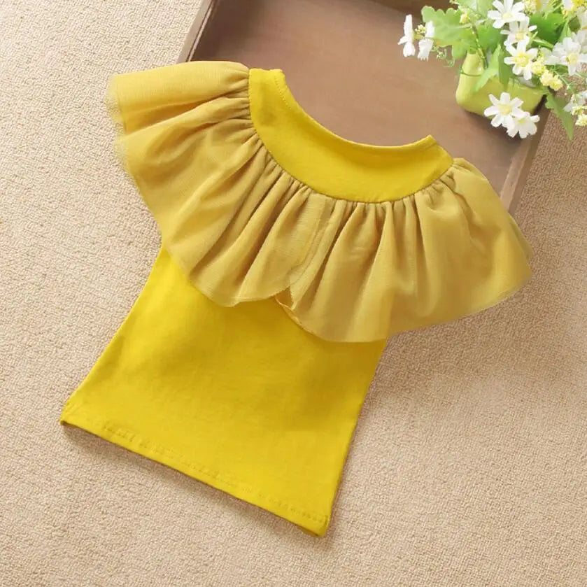 Summer Girls Ruffle Blouse – Short Sleeve Shirt for Kids, Toddlers & Teens – White or Yellow School Tops – Baby Girl Clothing