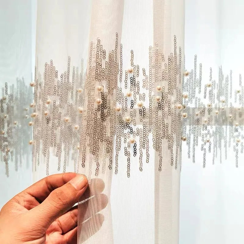 French Luxury Embroidery Sequins Tulle Curtains for Living Room Pearls sequins Curtains Yarn for Bedroom Customized