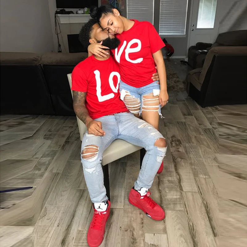 Couple Matching T-shirts His- and- hers Top Casual Red LO VE Women Men Fashion Boyfriend Girlfriend Tees Lovers T-shirt Femme