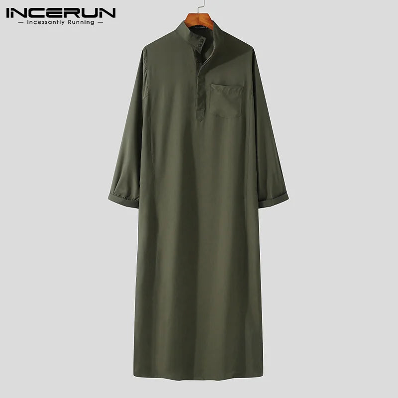 INCERUN Men Muslim Islamic Kaftan Arab Vintage Long Sleeve Men Thobe Robe Loose Dubai Saudi Arab Kaftan Men Clothing 2024 S-5XL