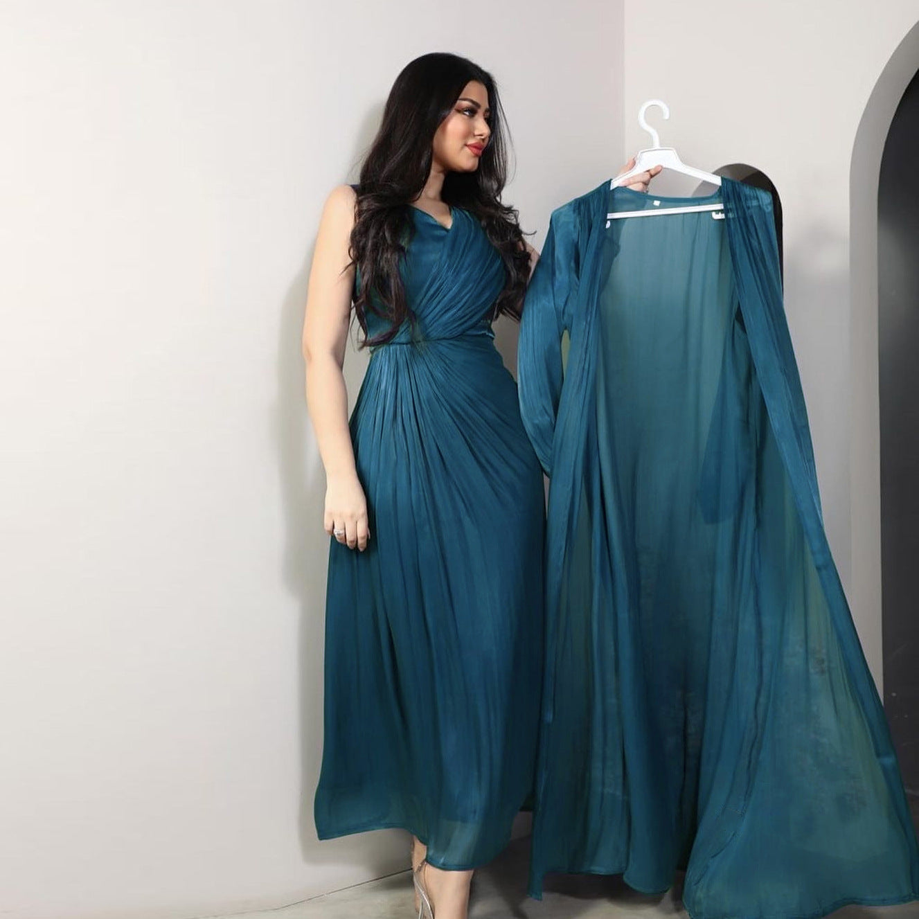 Moroccan women Party Dress Abaya 2 Piece Set Silky Satin Dubai Dresses Caftan Evening Long Robe Vestidos