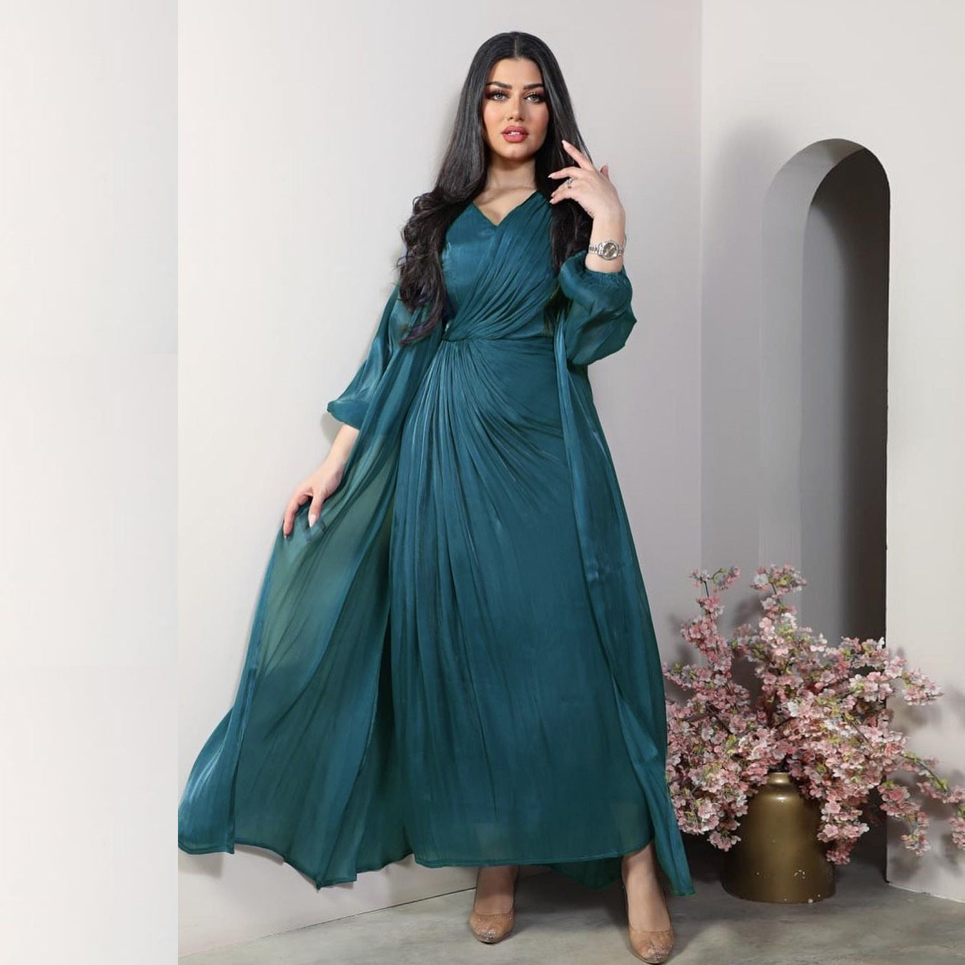 Moroccan women Party Dress Abaya 2 Piece Set Silky Satin Dubai Dresses Caftan Evening Long Robe Vestidos