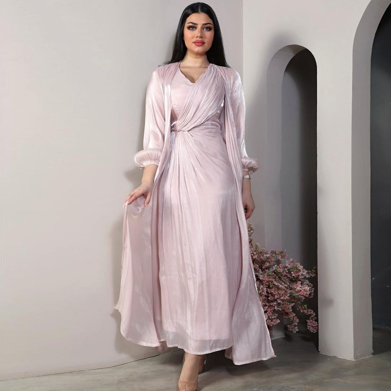 Moroccan women Party Dress Abaya 2 Piece Set Silky Satin Dubai Dresses Caftan Evening Long Robe Vestidos