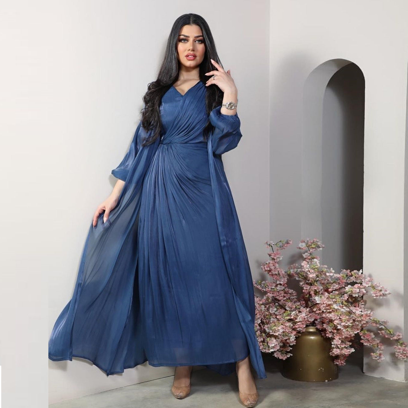 Moroccan women Party Dress Abaya 2 Piece Set Silky Satin Dubai Dresses Caftan Evening Long Robe Vestidos