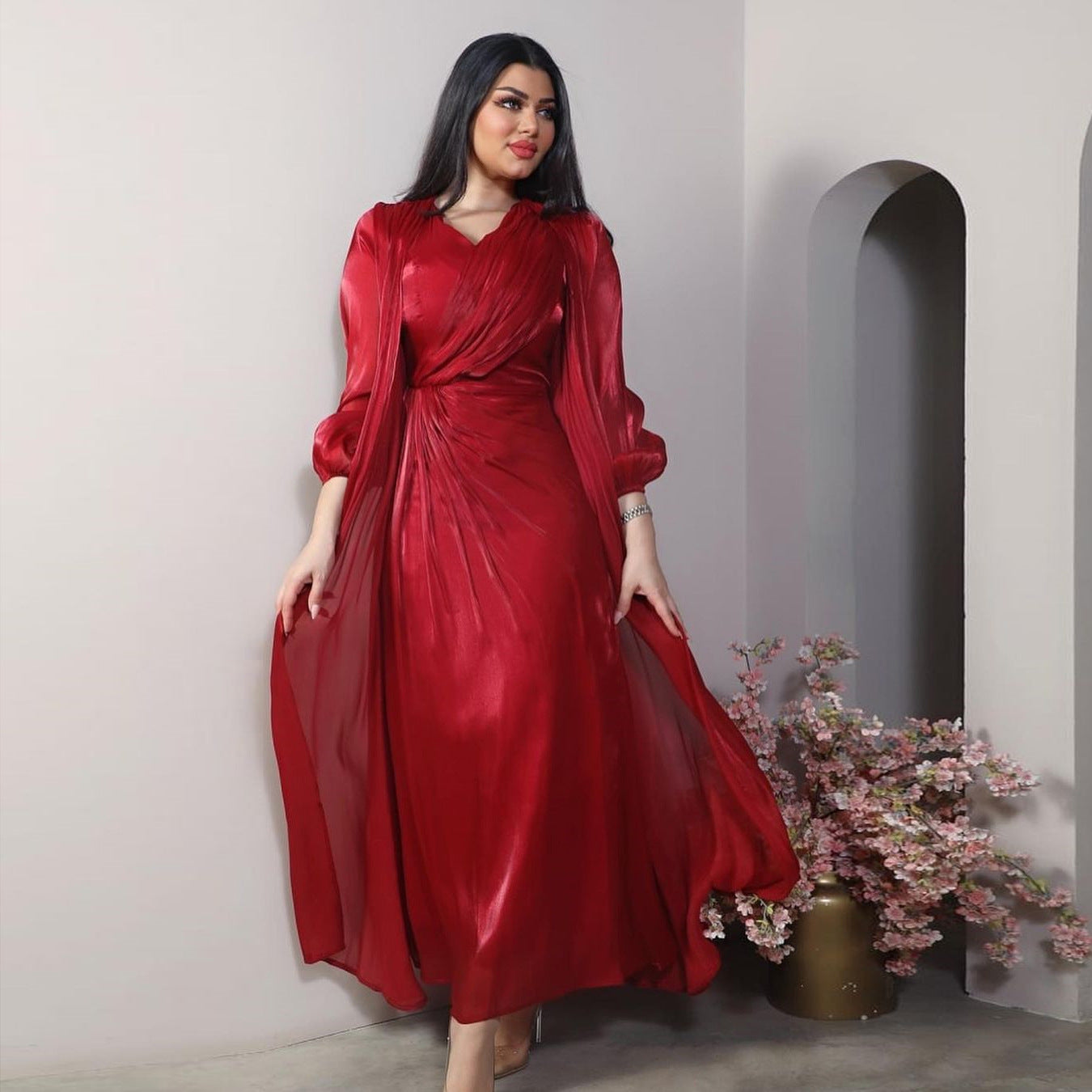 Moroccan women Party Dress Abaya 2 Piece Set Silky Satin Dubai Dresses Caftan Evening Long Robe Vestidos