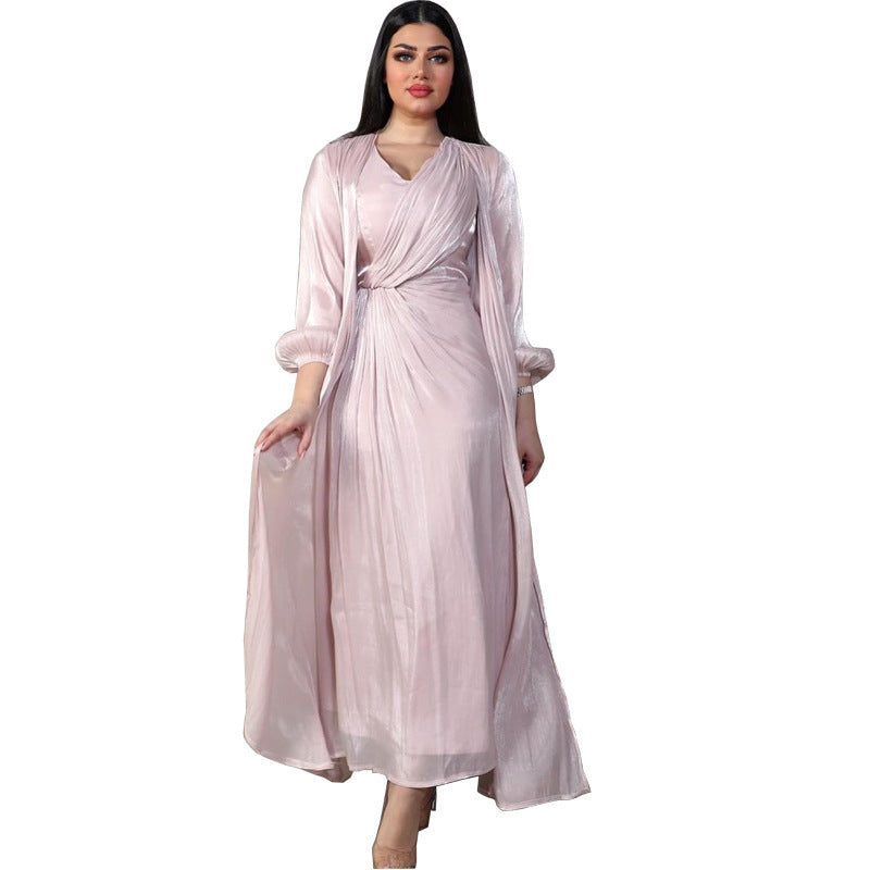 Moroccan women Party Dress Abaya 2 Piece Set Silky Satin Dubai Dresses Caftan Evening Long Robe Vestidos