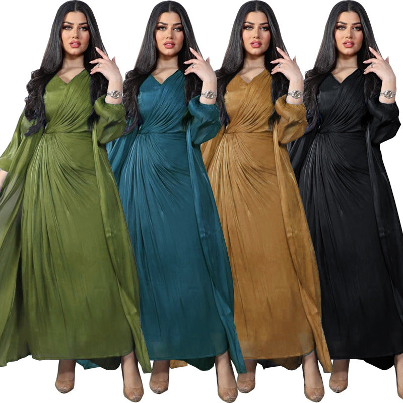 Moroccan women Party Dress Abaya 2 Piece Set Silky Satin Dubai Dresses Caftan Evening Long Robe Vestidos