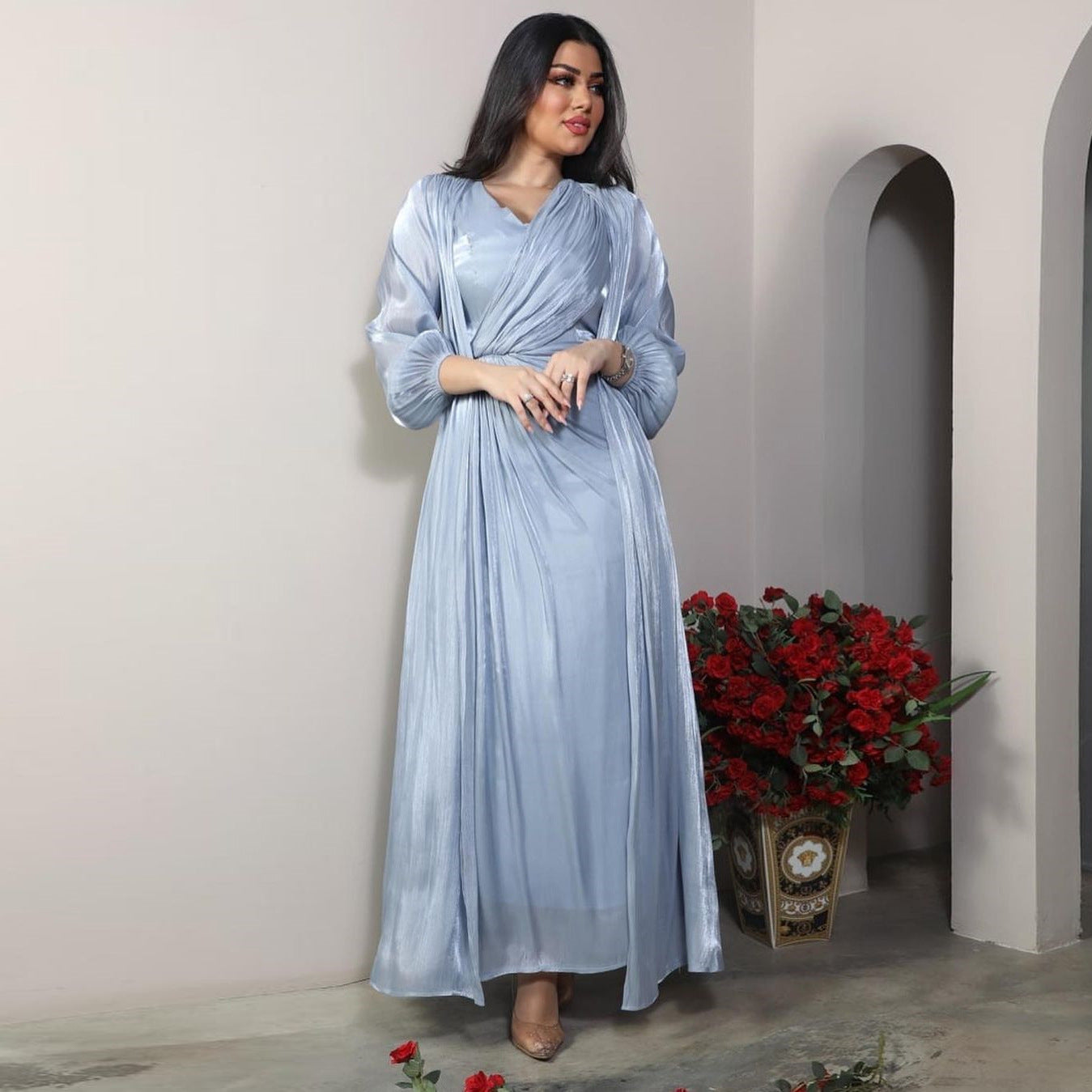 Moroccan women Party Dress Abaya 2 Piece Set Silky Satin Dubai Dresses Caftan Evening Long Robe Vestidos