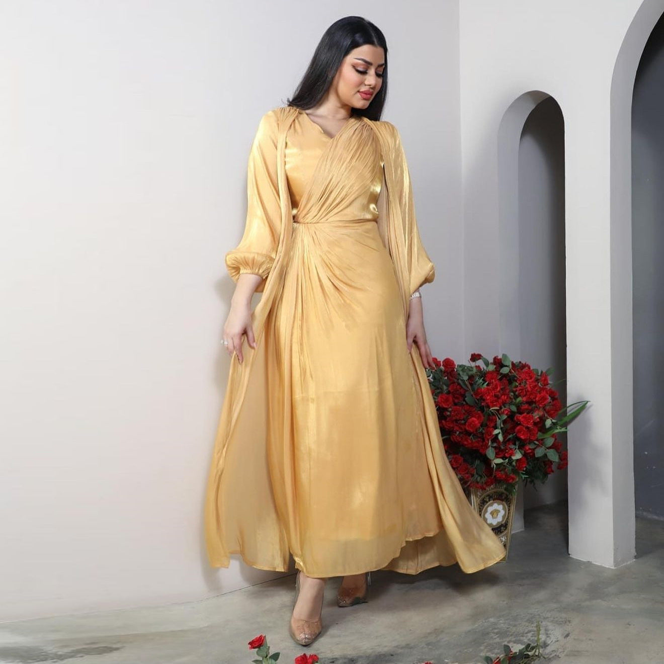 Moroccan women Party Dress Abaya 2 Piece Set Silky Satin Dubai Dresses Caftan Evening Long Robe Vestidos