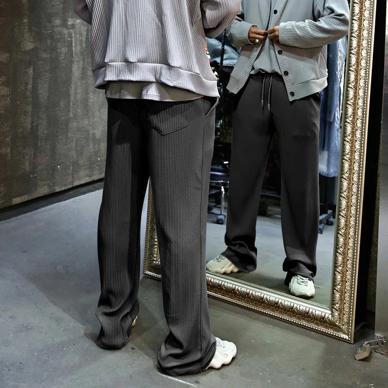 Men's Casual High-Waist Wide-Leg Pants – Loose Fit, Striped, Straight-Leg, Spring & Autumn Style