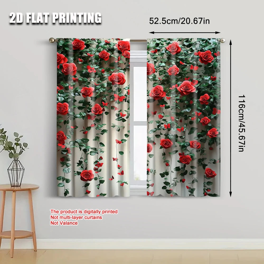 2Pcs 2D Flat Printed Rose & Butterfly Scene Curtains – Floral Polyester Panels, Machine Washable, No Electricity Required, Party or Room Decoration