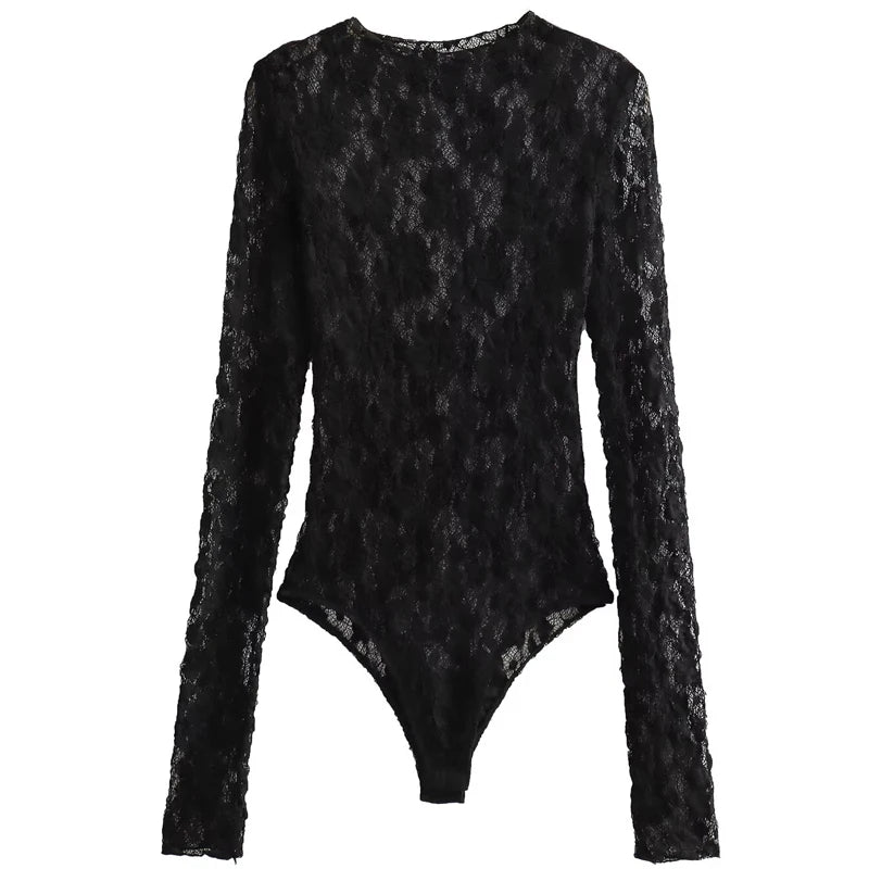 Women's Lace Bodysuit – Black Cutwork One-Piece, Long Sleeves, O-Neck, High-Stretch Fabric – Elegant Autumn Wear
