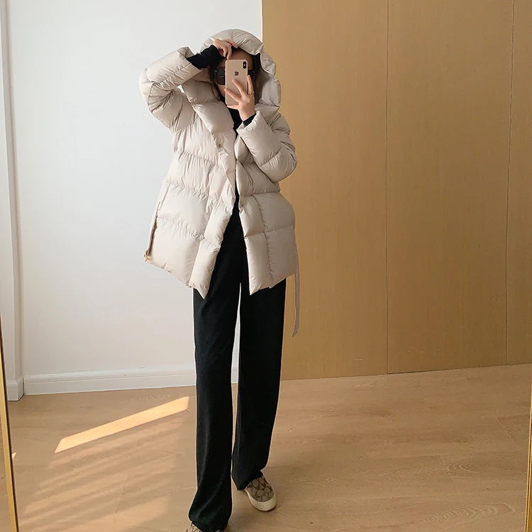 Women's Winter Jackets Ultra Light Warm Puffer Jacket With Belt Plus Size Hooded Female Jacket
