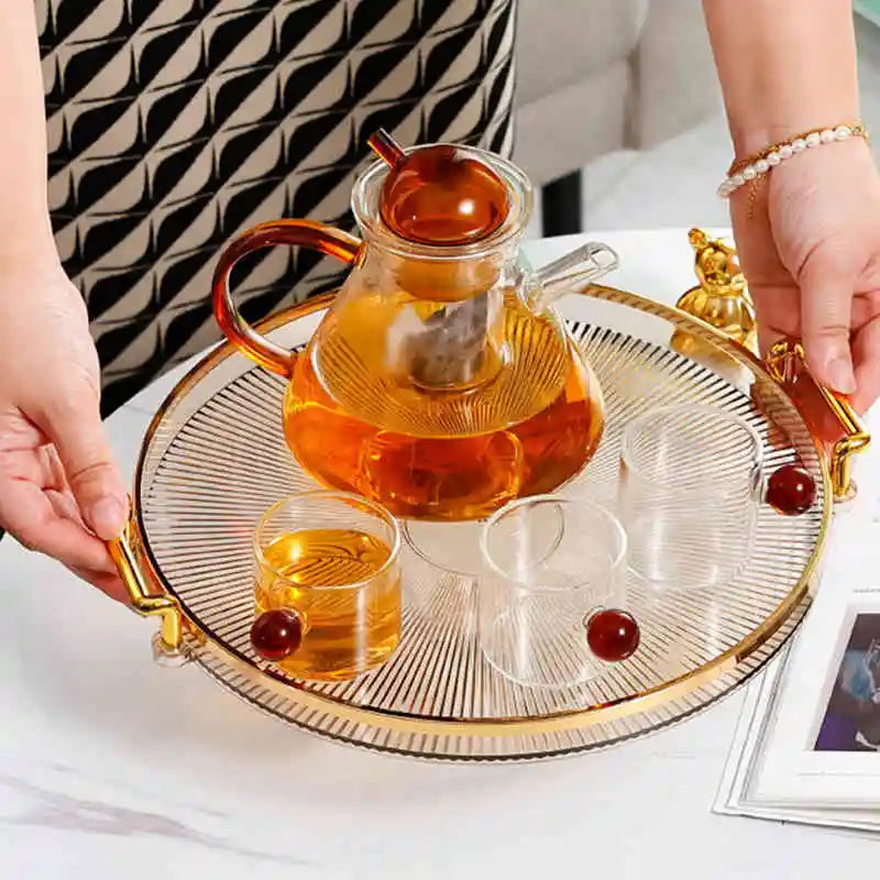 Tea Dessert Fruit Storage Tray Living Room Kitchen Dinner Plate with Golden Handle Household