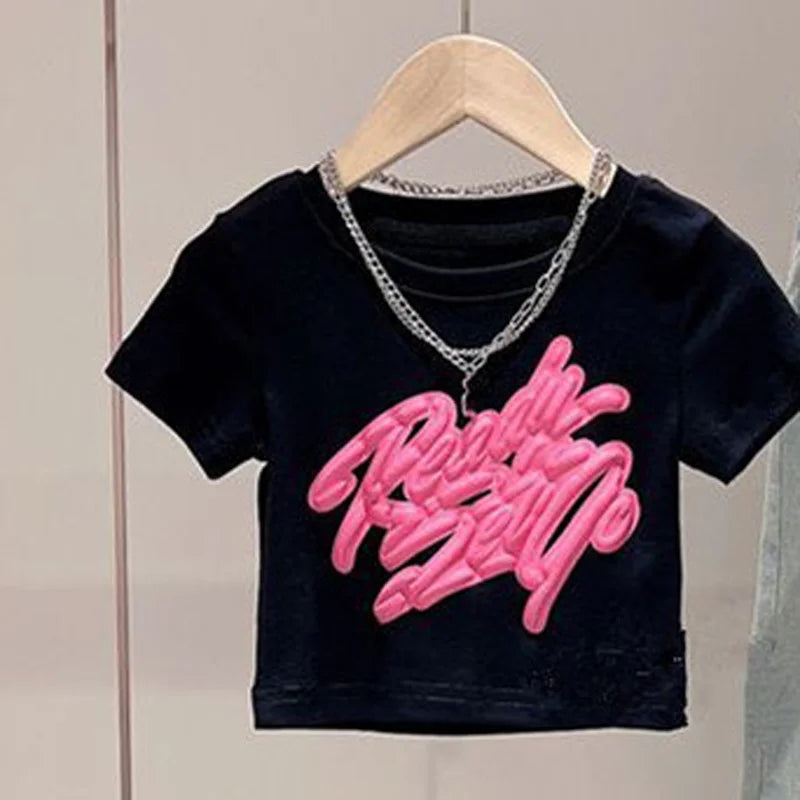 Girls' Summer Outfit – Short-Sleeve T-Shirt & Denim Shorts Set | Ripped Jeans or Wide-Leg Pants Options