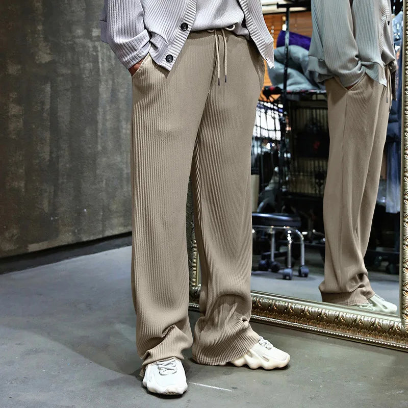 Men's Casual High-Waist Wide-Leg Pants – Loose Fit, Striped, Straight-Leg, Spring & Autumn Style