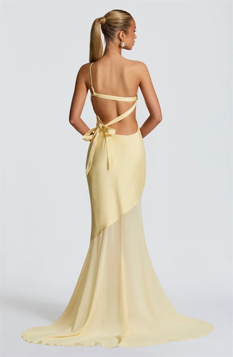 One-Shoulder Backless Maxi Dress for Women – Sleeveless Bodycon, Patchwork, Elegant Party & Club Gown