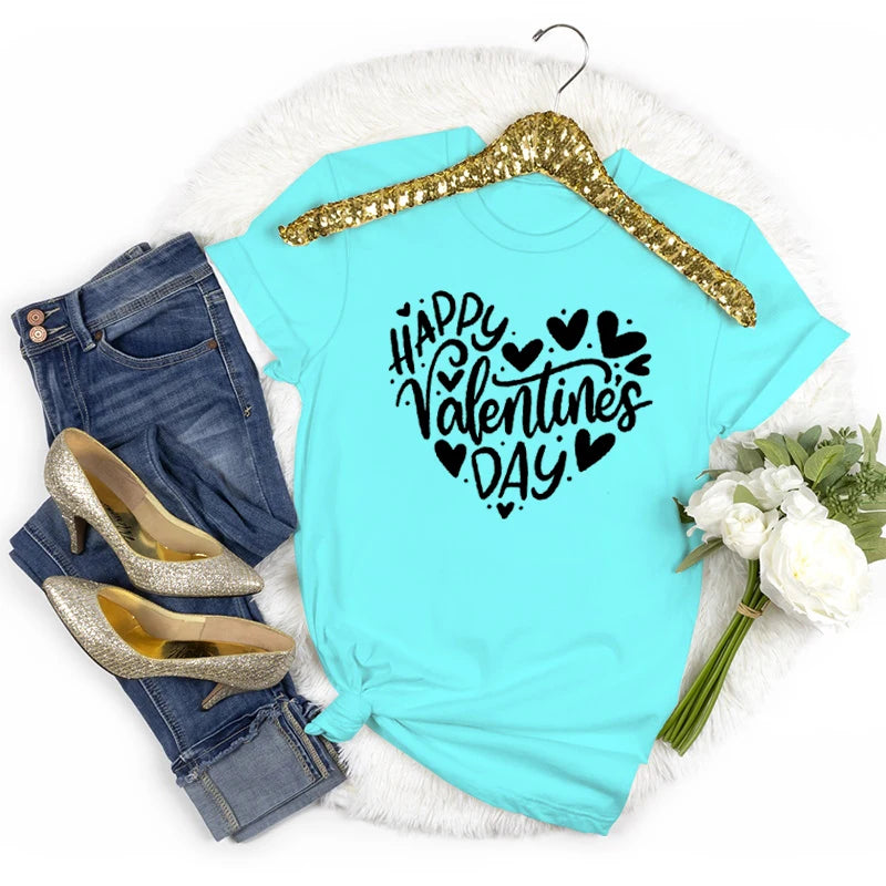 Happy Valentine's Day Crew Neck Short Sleeve T-shirt Women Heart Love Design Fashion Casual Tops Valentines Day Gifts T-shirts