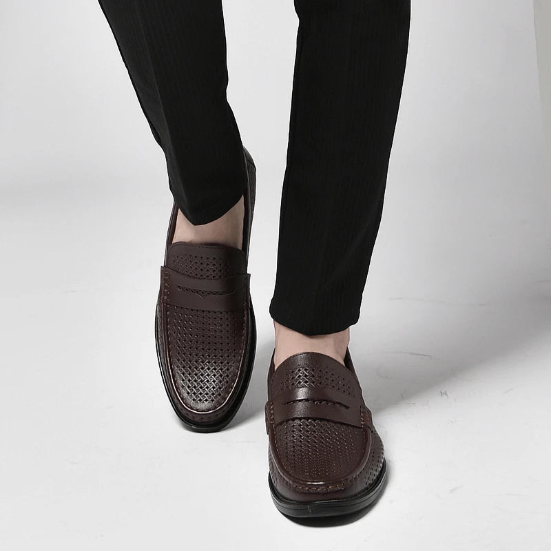 Italian Luxury Penny Men Shoes Male Business Loafers Moccasin Genuine Casual Flats Slip-On Walking Hollow Out Shoes