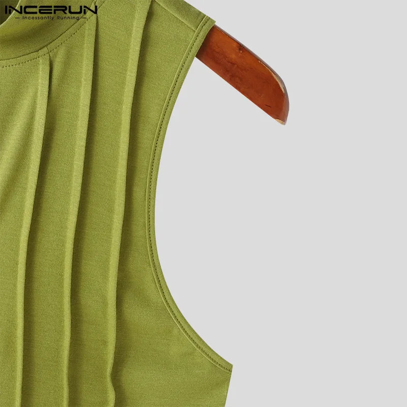 Stylish Clubwear Tops – INCERUN Men's Hollow-Out Semi High Neck Knitted Vests, Fashion Sleeveless Solid Tank Tops (Sizes S–5XL)