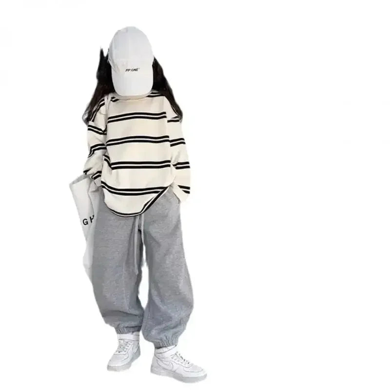 MINISO Simple Kids' Clothing Set for Girls - 2-Piece Outfit, Long Sleeve Striped Top + Loose Pants, for Teen Girls Ages 6-14