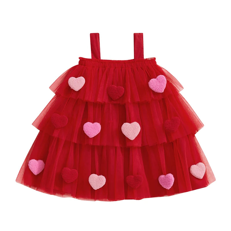 1-9 Years Girls Fashion Valentine Day Dress Kids Star Print Square Neck Sleeveless Children’s Layered Tulle with 3D Heart Clothes