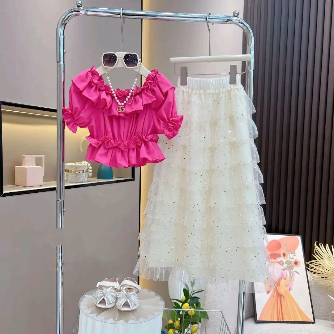 New Teenage Fashion Summer Sets, Baby Girls Ruffles Top+ Mesh Cake Skrits 4-12T