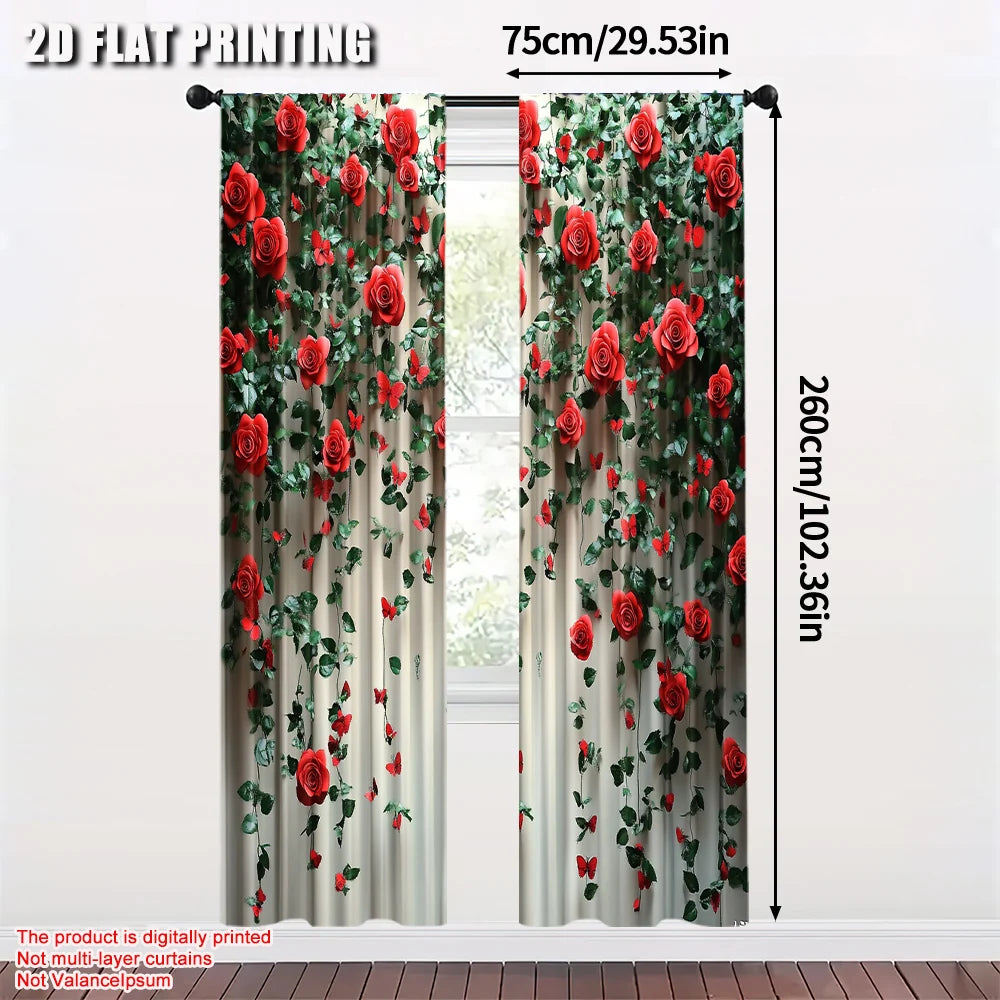 2Pcs 2D Flat Printed Rose & Butterfly Scene Curtains – Floral Polyester Panels, Machine Washable, No Electricity Required, Party or Room Decoration