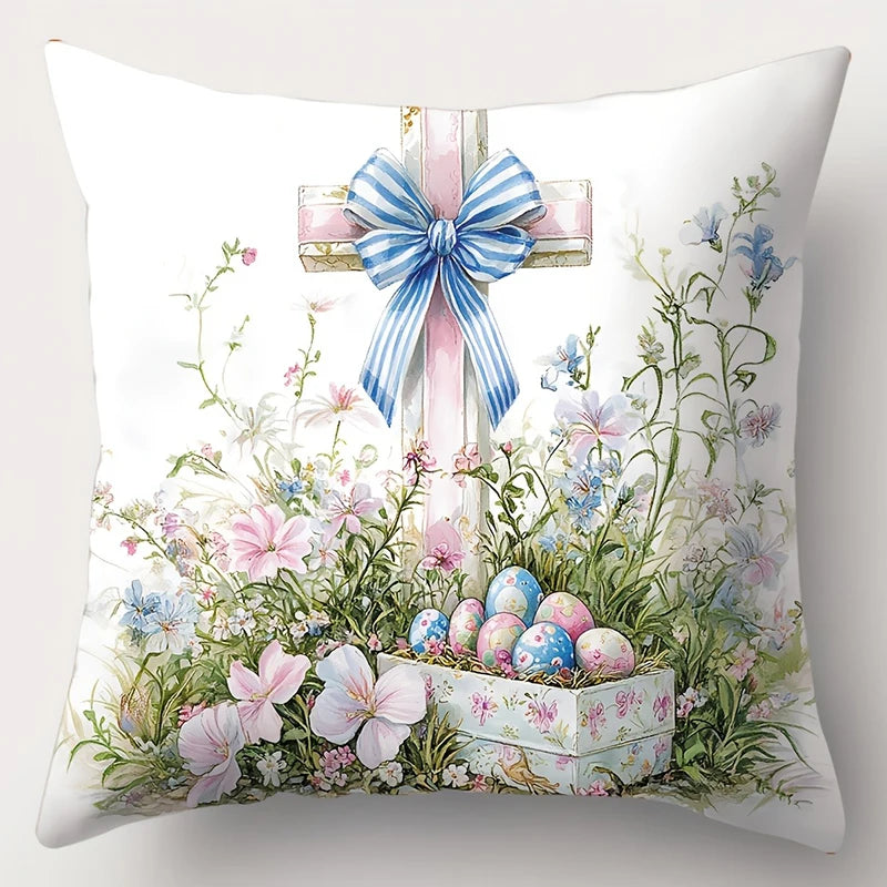 Easter celebration pillowcase modern style cute bunny eggs and floral print suitable for living room decoration