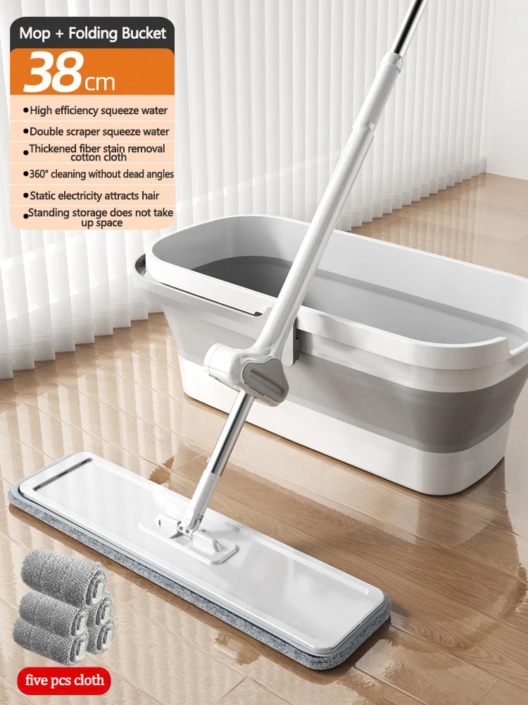 38 cm Microfibre Flat Mop and Folding Bucket Set with 360° Rotating Head