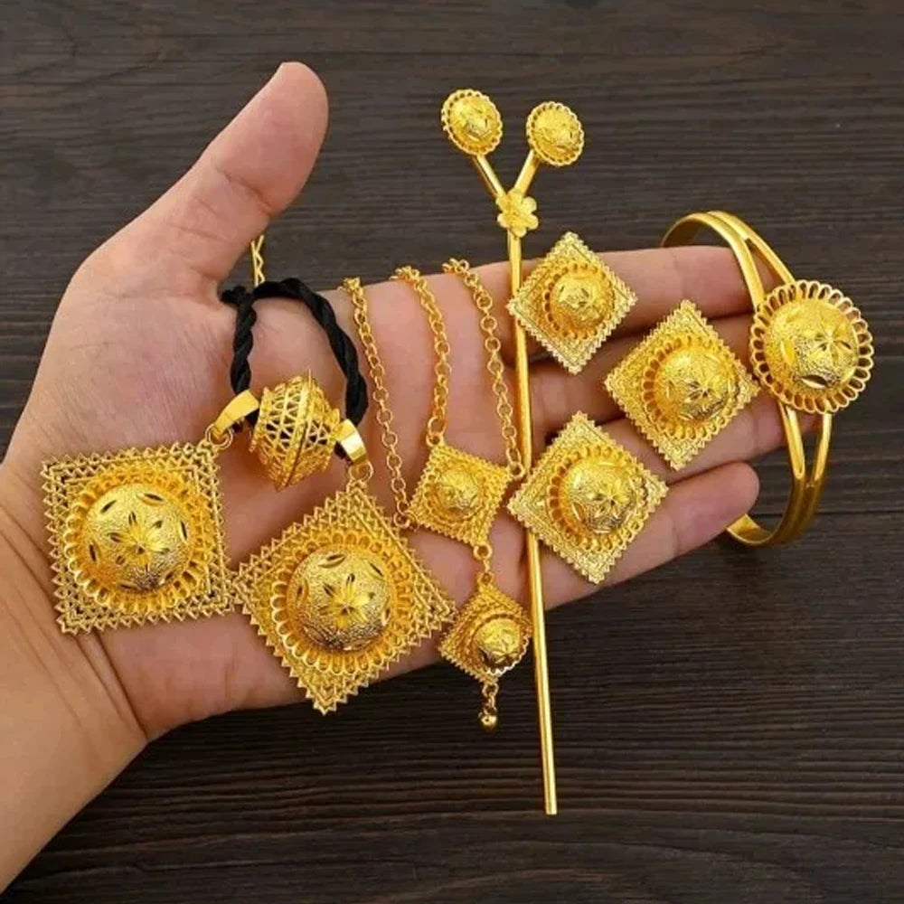 "African Wedding Jewelry Set – Ethiopian Eritrean Necklace, Earrings, Bracelet, Ring, and Hairpin for Women, Bridal or Engagement"