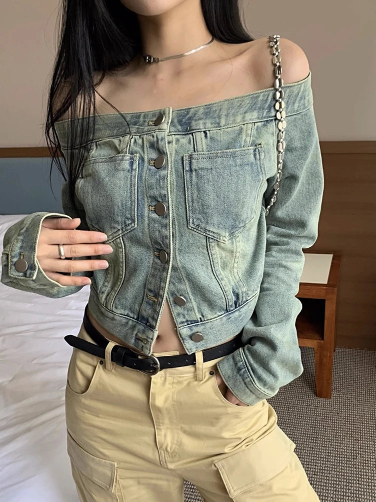 Korean Fashion Off-Shoulder Cropped Denim Jacket – Vintage Button-Up Long Sleeve Jean Shirt for Women