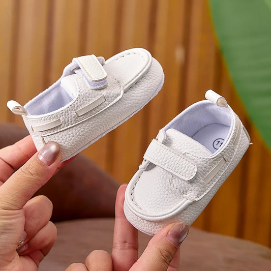 Baby Soft-Sole Loafer Shoes with Hook-and-Loop Straps, PU Leather Prewalker Moccasin Style