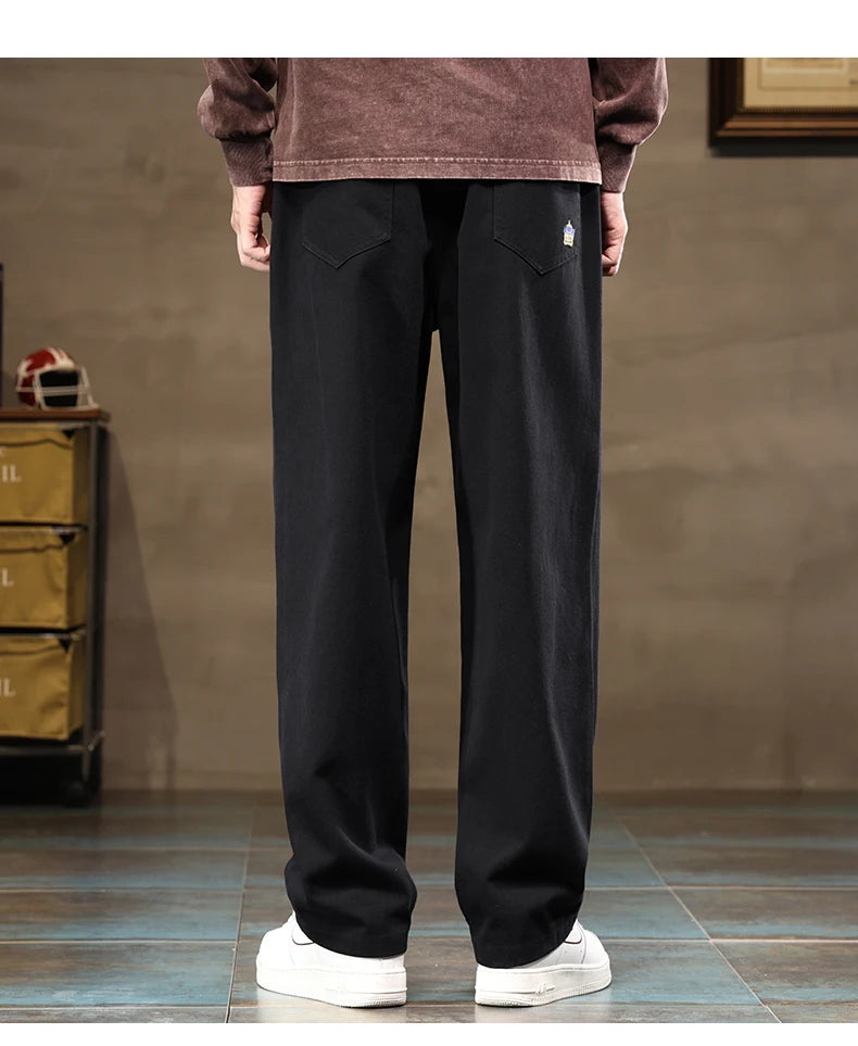 HIQOR Men's Casual Jogger Pants – Loose Straight-Leg Cotton Vintage Cargo Trousers, Solid Color Streetwear