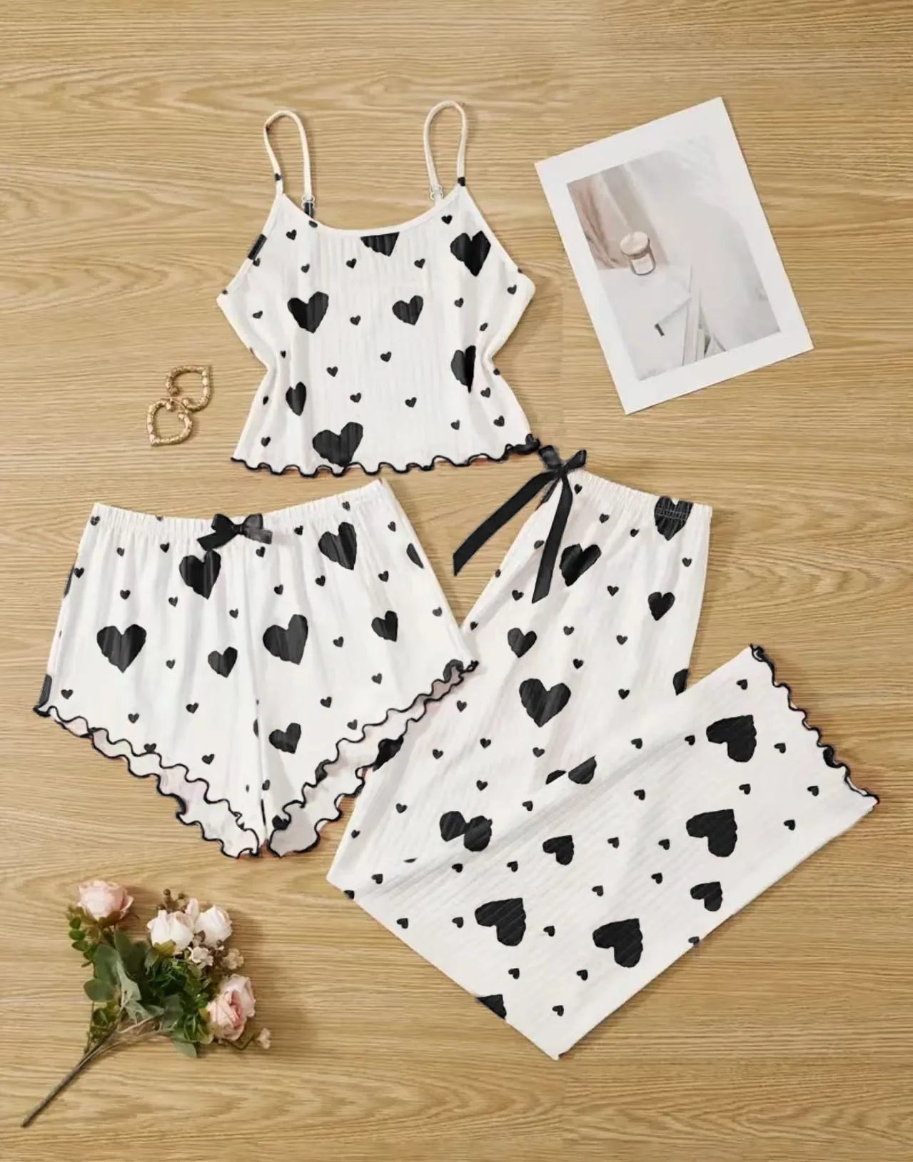 Women's Autumn Winter Sleepwear Pajama Set – Heart Print Sleeveless Cami Top with Long Pants, Comfortable Loungewear Pyjamas