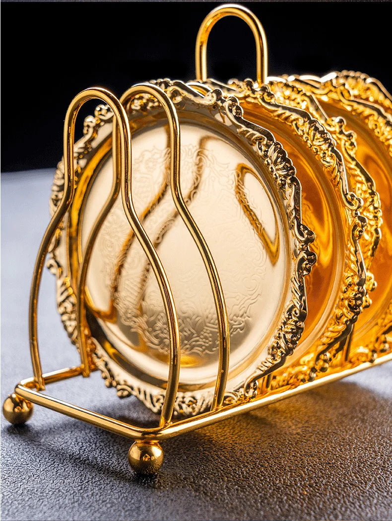 Vintage Golden Cocktail Coaster Metal Exquisite Cake Tray Set Silver Plated Mat Placemat Snack  Dishes Rack Set