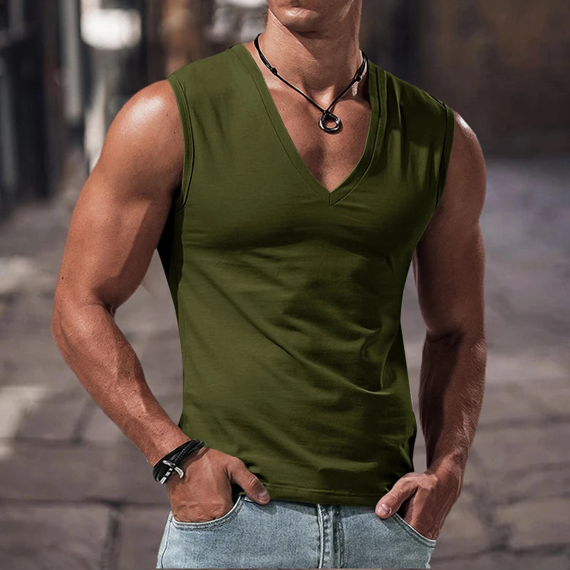 Summer Men's Solid Color V-Neck Vest, Casual Breathable Sleeveless T-Shirt, Suitable for Fitness and Sports Tank Tops